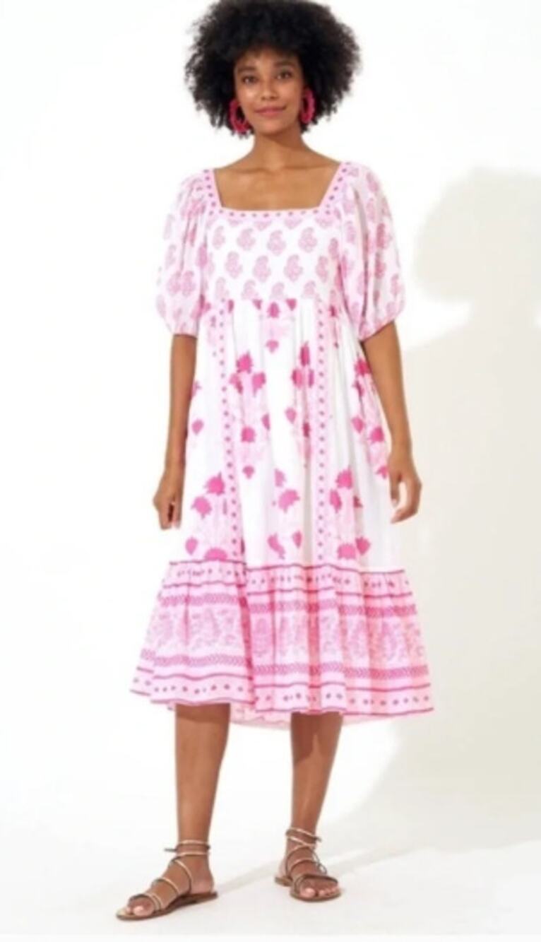 Tuckernuck Oliphant Puff Sleeve Midi Dress in Jaipur Pink & White Sz. XS